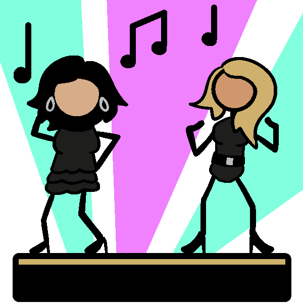 Two drag queens on stage with music notes and blue and pink lights behind them. One has black hair and a black dress, the other has blond hair and a body suit